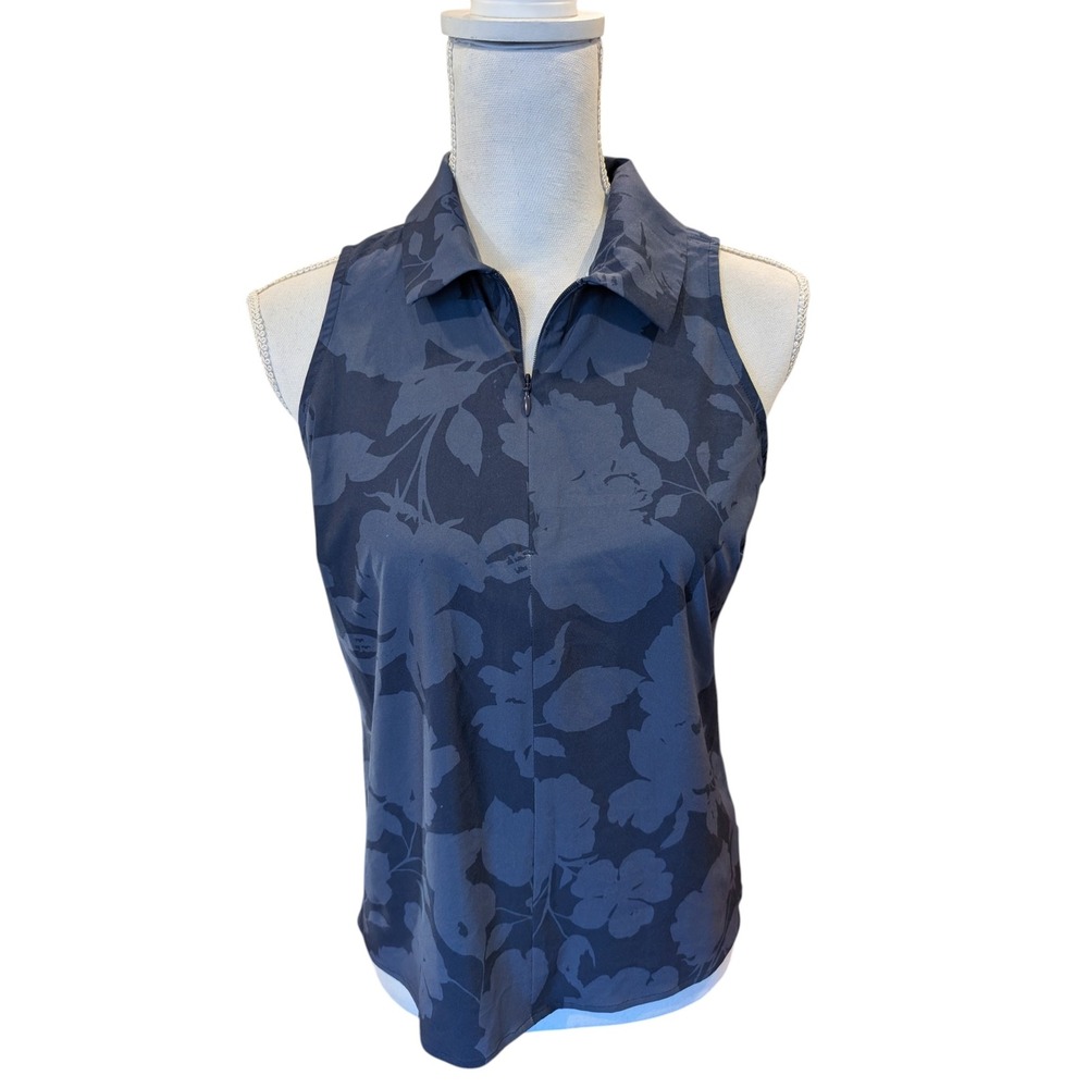 Spanx Sleeveless Quarter Zip Polo Shirt Navy Blue Floral Small High Low Hem